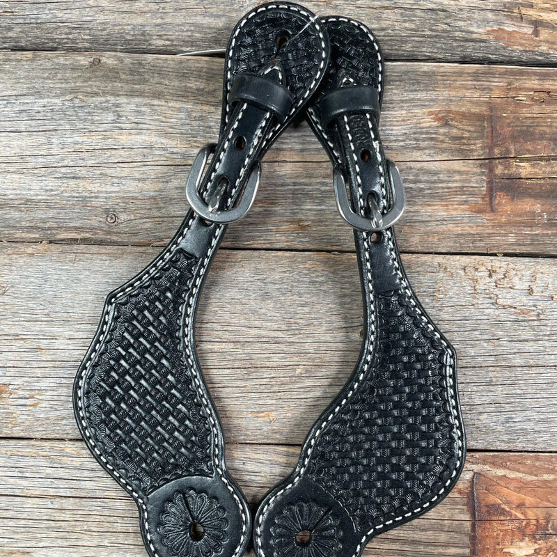 Rodeo Drive Black Basketweave Tooled Spur Straps