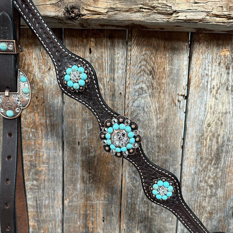 Rodeo Drive Dark Oil Basketweave Turquoise and Clear Browband / Breast Collar Tack Set