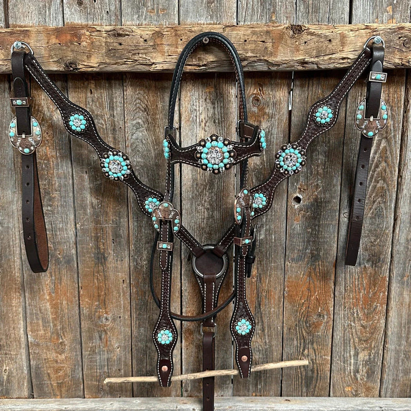 Rodeo Drive Dark Oil Basketweave Turquoise and Clear Browband / Breast Collar Tack Set