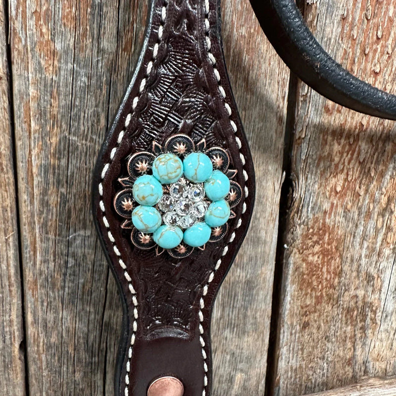 Rodeo Drive Dark Oil Basketweave Turquoise and Clear Browband / Breast Collar Tack Set