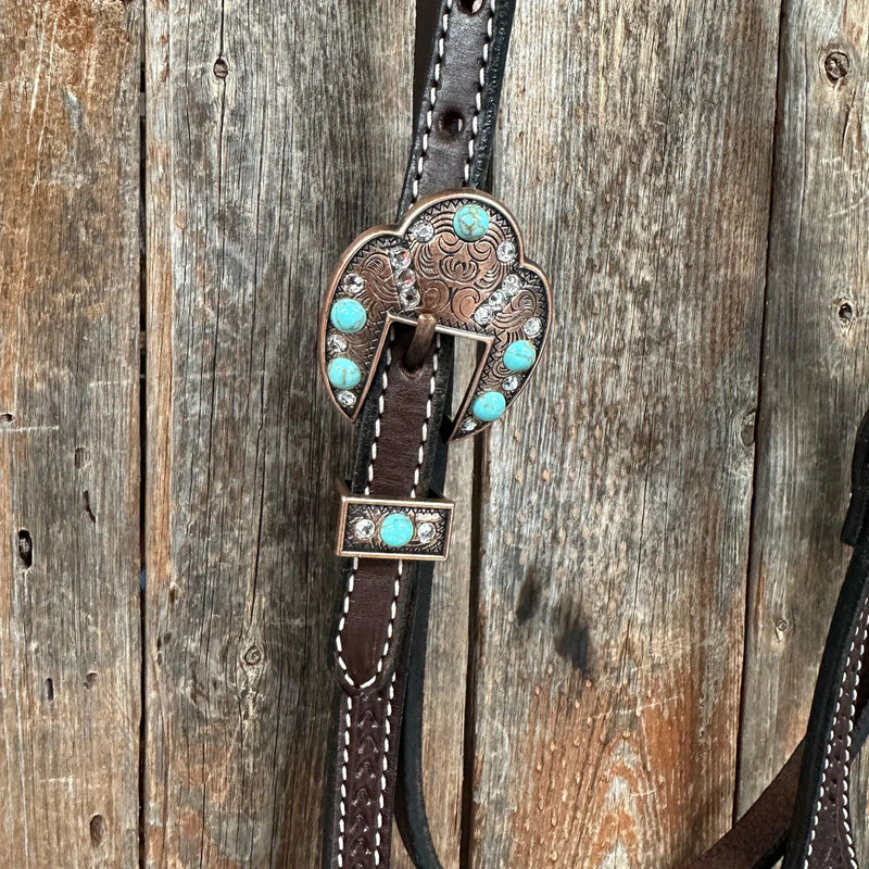 Rodeo Drive Dark Oil Basketweave Turquoise and Clear Browband / Breast Collar Tack Set