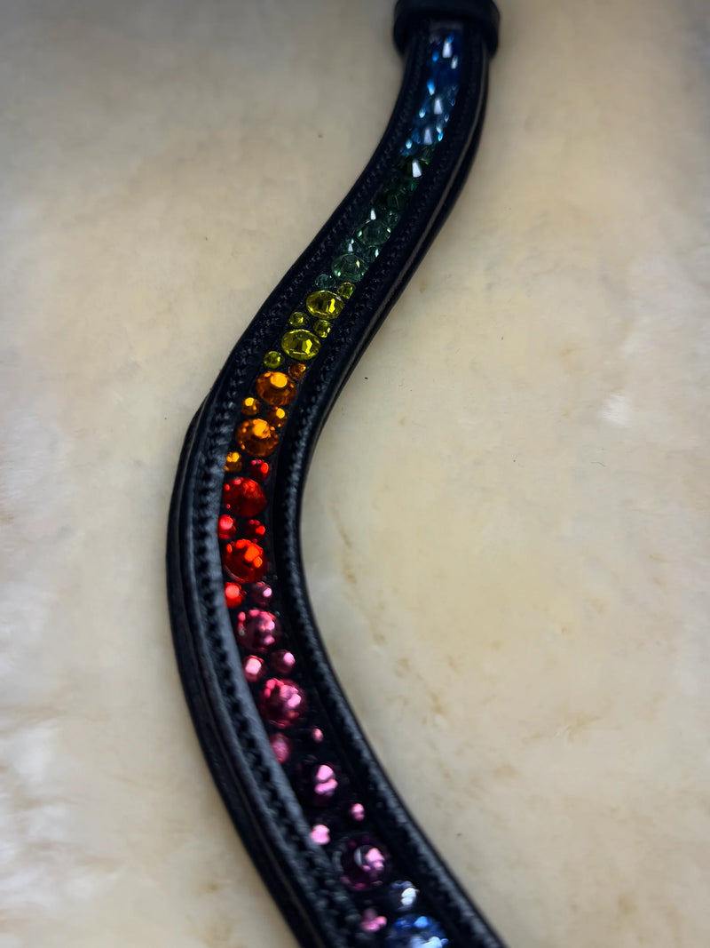Bridleberry #204 Browband Rainbow Crystal Pattern Black Padded Leather