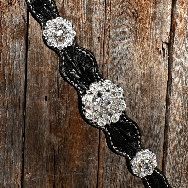 Rodeo Drive Black Floral Bright Clear Browband One Ear Tack Set