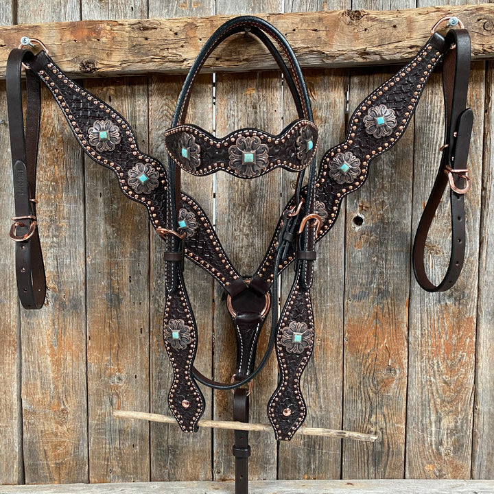 Rodeo Drive Dark Oil Copper Dot Honeycomb Turquoise Browband / Breast Collar Tack Set