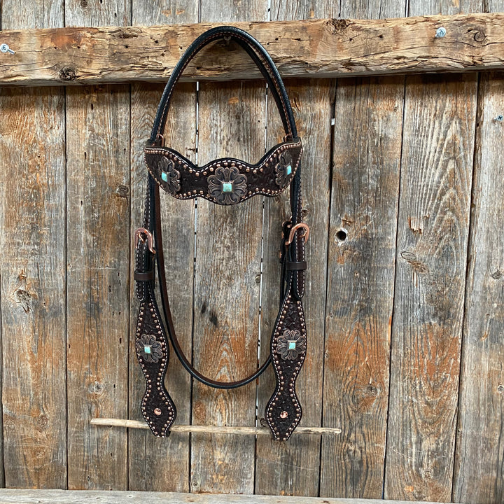 Rodeo Drive Dark Oil Copper Dot Honeycomb Turquoise Browband / Breast Collar Tack Set