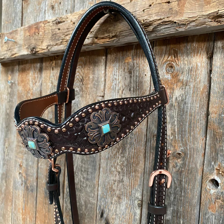 Rodeo Drive Dark Oil Copper Dot Honeycomb Turquoise Browband / Breast Collar Tack Set
