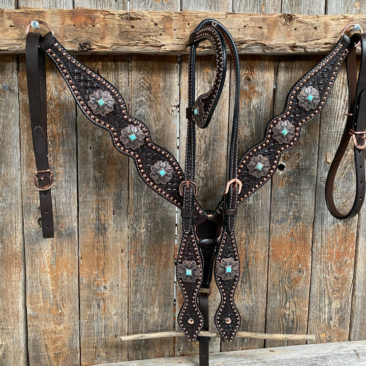 Rodeo Drive Dark Oil Copper Dot Honeycomb Turquoise Browband / Breast Collar Tack Set