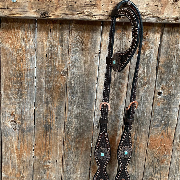 Rodeo Drive Dark Oil Copper Dot Honeycomb Turquoise Browband / Breast Collar Tack Set