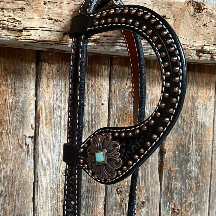 Rodeo Drive Dark Oil Copper Dot Honeycomb Turquoise Browband / Breast Collar Tack Set