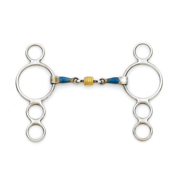 Centaur Blue Steel 3-Ring Gag with Loose Brass Roller Disks